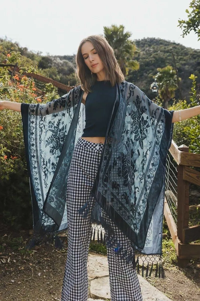 Velvet Burnout Kimono Cardigan with Bohemian Floral Pattern and Tassel Duster for Spring summer