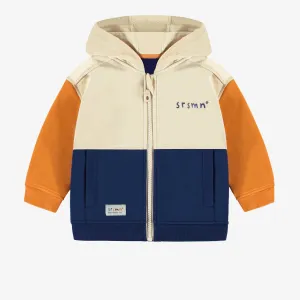 Veste à capuchon marine, orange et crème en coton ouaté brossé, bébé || Navy, orange and cream hooded vest in brushed cotton fleece, child