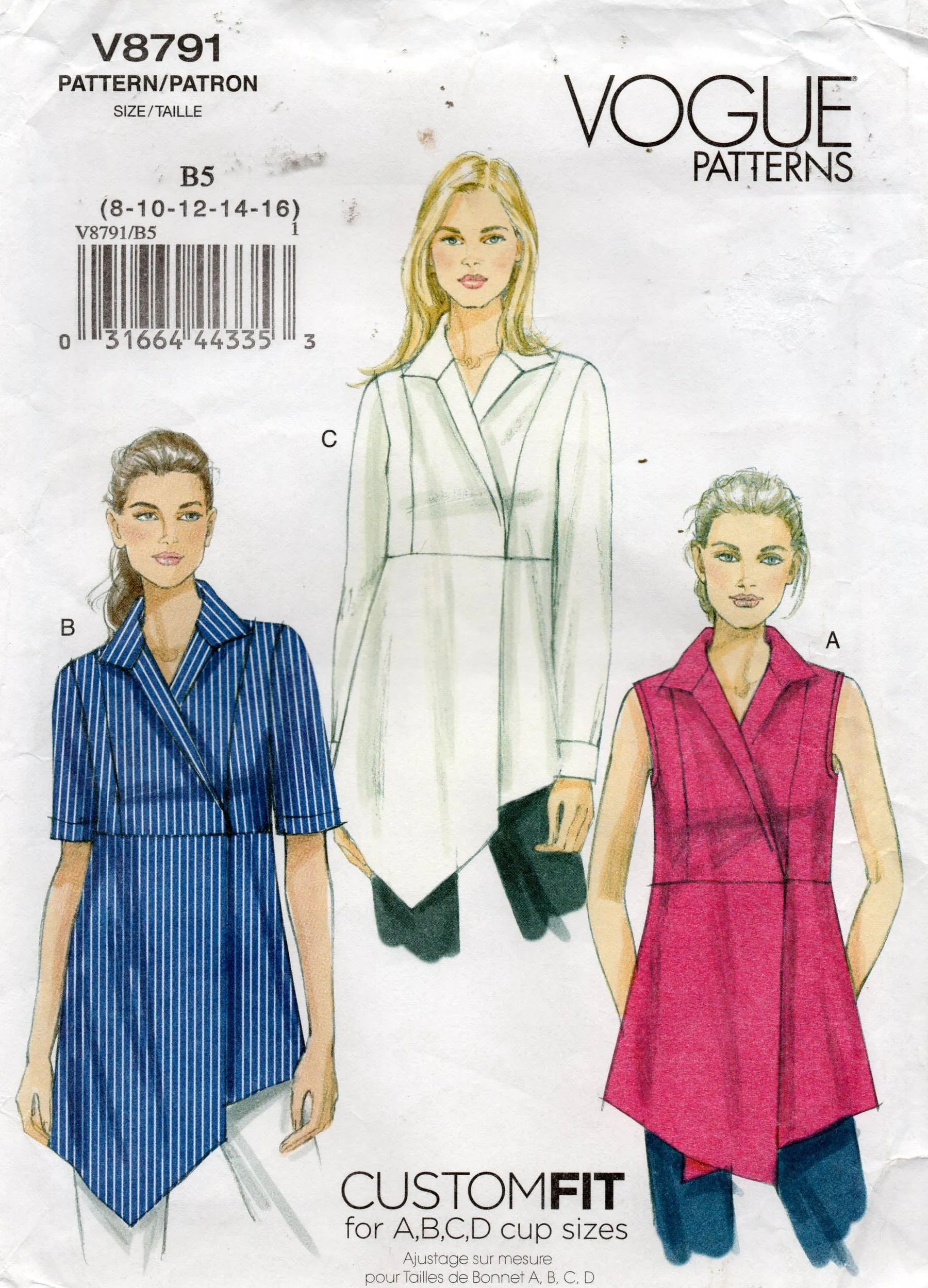 Vogue 8791 Womens CUSTOM FIT Pullover Wrap Bodice Tunic or Top Out Of Print Sewing Pattern Size 8 - 16 UNCUT Factory Folded