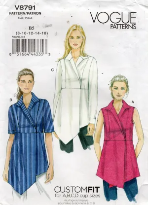 Vogue 8791 Womens CUSTOM FIT Pullover Wrap Bodice Tunic or Top Out Of Print Sewing Pattern Size 8 - 16 UNCUT Factory Folded