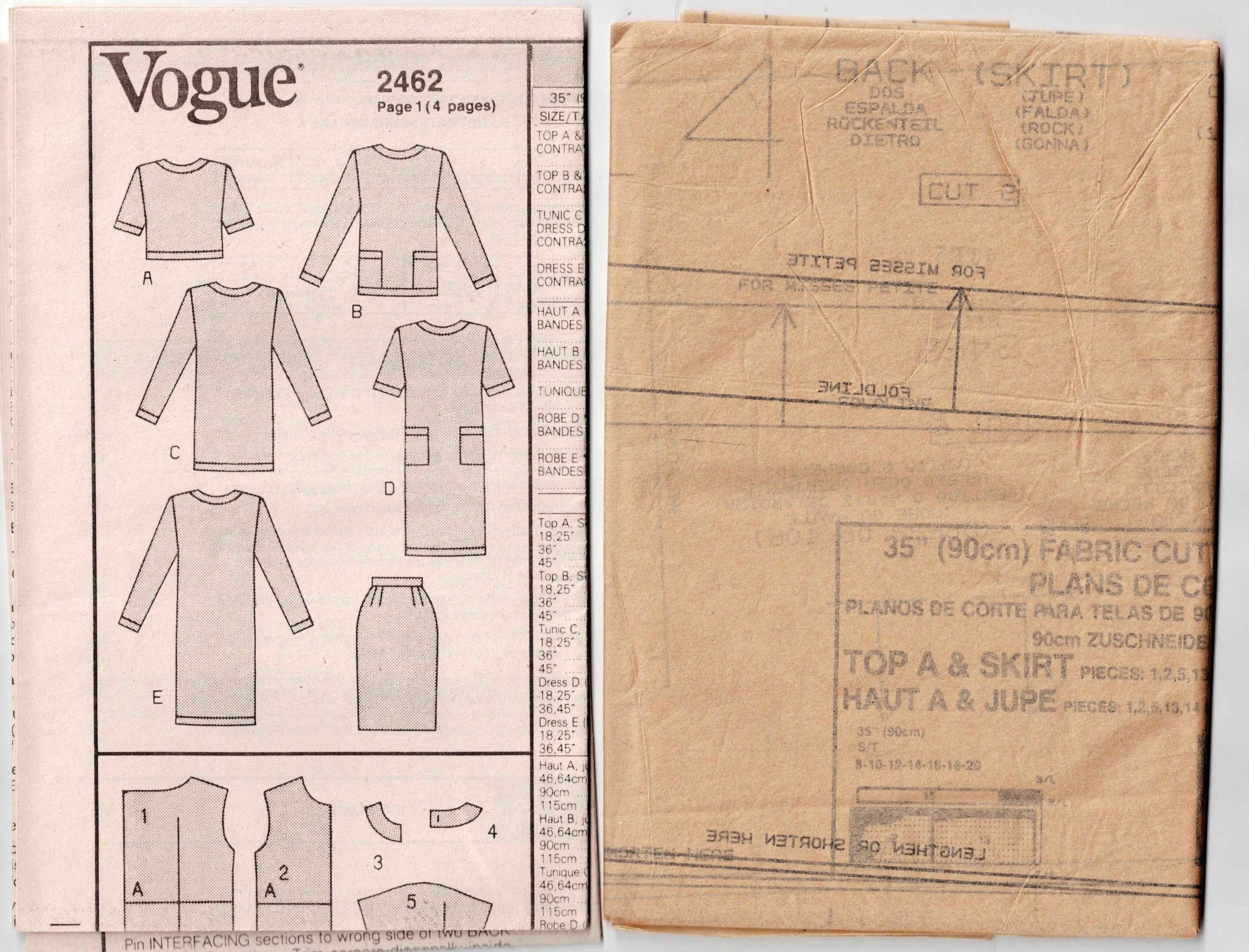 Vogue Basic Design 2462 Womens Dress Top Tunic & Skirt 1990s Vintage Sewing Pattern Size 14 - 18